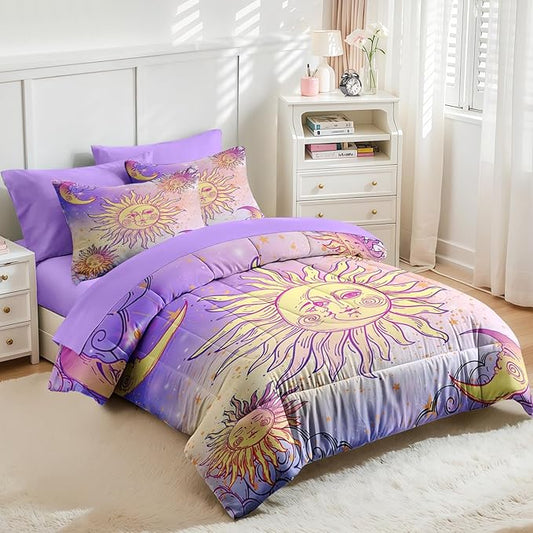 Nesker Comforter Set Full Size, Celestial Motifs Astrology 7 Pcs Bedding for Kids and Adults, Boho Sun Moon Bed Sheet Sets with Fitted Sheet 2 Pillowcases & 2 Shams