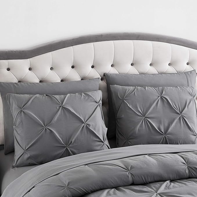 King Size Comforter Set 8 Piece Bed in a Bag with Bed Skirt, Fitted Sheet, Flat Sheet, 2 Pillowcases, 2 Pillow Shams, King, Pintuck Gray
