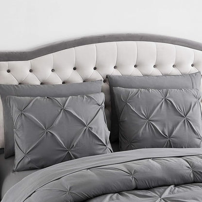 King Size Comforter Set 8 Piece Bed in a Bag with Bed Skirt, Fitted Sheet, Flat Sheet, 2 Pillowcases, 2 Pillow Shams, King, Pintuck Gray