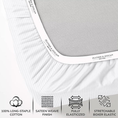 Feather & Stitch 500 TC Split King Size Damask Bed Sheet Set, 100% Cotton Soft Breathable Bedsheets, 5 Piece 18" Deep Pockets Sateen Weave Striped Bedding Mattress Resort Hotel - (White Stripe)
