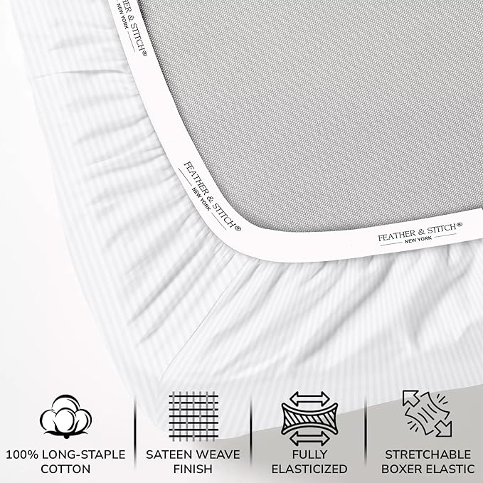 Feather & Stitch 500 TC Twin Size Damask Bed Sheet Set, 100% Cotton Soft Breathable Bedsheets, 3 Piece 18" Deep Pockets Sateen Weave Striped Bedding Mattress Resort Hotel Luxury- (White Stripe)