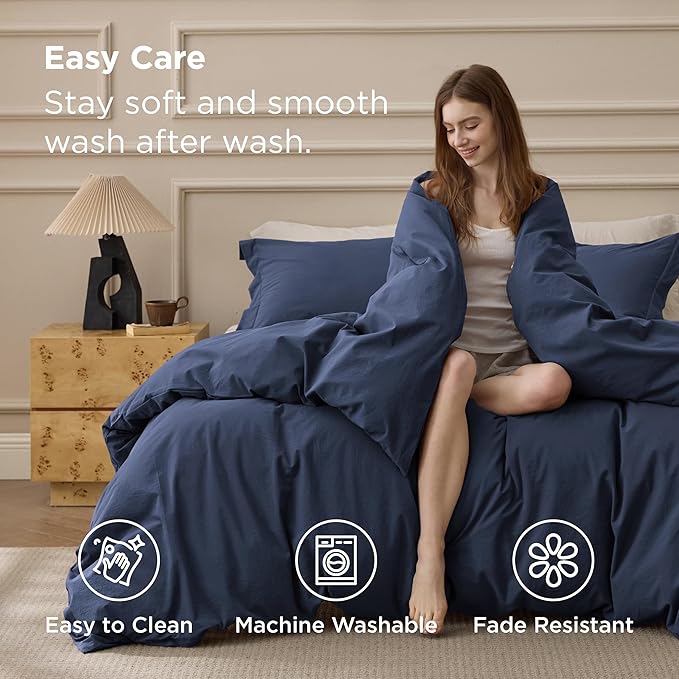 Bedsure 100% Washed Cotton Duvet Cover Oversized King Size - Navy Minimalist Bedding Set Linen Like - PureWoven Plain Simple & Soft Comforter Cover for All Seasons (Navy, Oversized King, 120"x98")