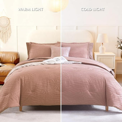 Geniospin Full Size Comforter Set - 7 Pieces Dusty Pink Bedding Set, Botanical Textured Comforter Bed Set, All Season Lightweight Bed in a Bag with Comforter, Sheets, Pillowcases & Shams