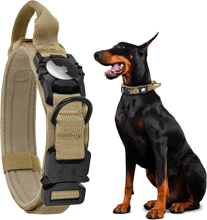 Tactical AirTag Dog Collar - Heavy Duty, Adjustable GPS Collar | Compatible with Apple AirTag, with Holder & Control Handle for Medium/Large Dogs [ Brown, M ]