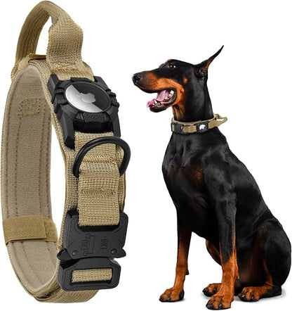Tactical AirTag Dog Collar - Heavy Duty, Adjustable GPS Collar | Compatible with Apple AirTag, with Holder & Control Handle for Medium/Large Dogs [ Brown, M ]