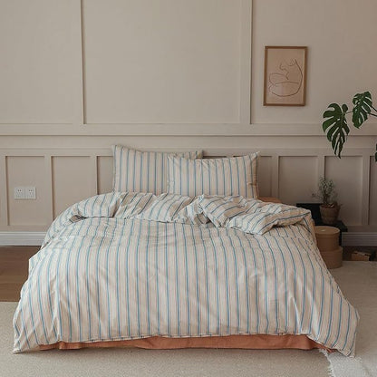 LifeTB Striped Comforter Set Queen Size, Fluffy Soft Blue Brown Stripes Pattern Printed Bedding Set, 3 Pieces Lightweight Bedding Comforter Set, Breathable Striped Bed Comforter with 2 Pillowcases
