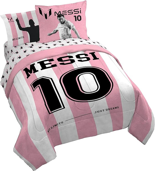 Jay Franco Kids Comforter Set Includes Sheets and Pillow Covers - Soft and Cozy Bed Set for Stylish Room Decor, Official Licensed Bedding, Pink - Messi, 7 Piece Queen