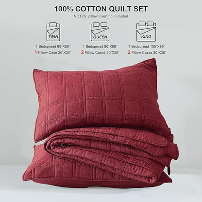 HORIMOTE HOME 100% Cotton Quilt Set King Size, Burgundy Red Pre-Washed Bedspreads Coverlet Set in Geometric Pattern, Cozy Lightweight Stitching Decorative Bedding Cover with 2 Shams for All Season