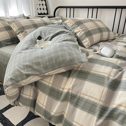 EAVD Green Plaid Duvet Cover King Soft 100% Cotton 3-Piece Green Checkered Gingham Bedding Set with 2 Pillowcases for Men Boy Modern Reversible Grid Plaid Comforter Cover with Zipper Closure