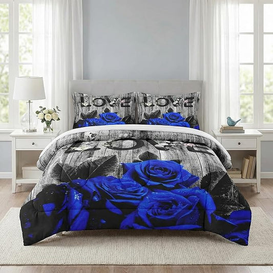 Full Size Comforter Set with 2 Pillowcases, Dark Blue Rose Flower 3 Pcs Bedding for Kids and Adults, Summer Vintage Woodboard Soft Comforter Set for Bedroom Bed Decor