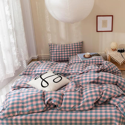 Queen Comforter Set Modern Style Checkered Pattern Comforter Purple Pink Plaid Bedding Comforter Lightweight Fluffy Soft Boho Grid Bedding Geometric Plaid Comforter Set Queen with 2 Pillowcases