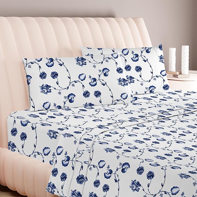 Carressa Linen Luxury Egyptian Cotton California King Printed Sheet Set - 600 Thread Count Extra Long Staple 4 PC Set, Floral Blue Cal King Printed Sheets, Soft, Cooling Sheets Upto 18 in Deep Pocket