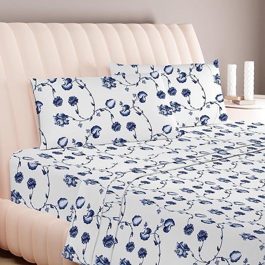 Carressa Linen 100% Egyptian Cotton Printed Bed Sheets - 600 Thread Count 4 PC Full Sheet Set, Hotel Luxury Sateen Bedsheets, 16" Deep Pocket Soft Cooling Sheets for Full Size Bed - Floral Blue