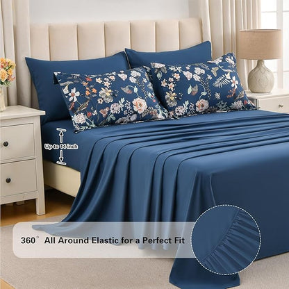 7 Piece King Comforter Set, Peacock Blue Butterfly Floral Comforter Set with Flowers Leaves Pattern, Soft Microfiber Complete Bedding Set for All Season(Peacock Blue, King)