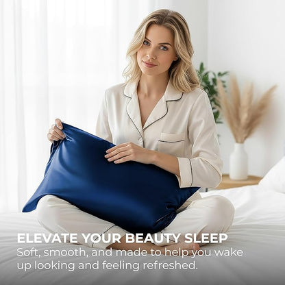 Pure Bedding Satin Pillowcase 2 Pack - Queen Size (20"x30", Navy) - Silky Pillow Cases for Hair and Skin - Satin Pillow Covers with Envelope Closure - Extra Soft Premium Microfiber