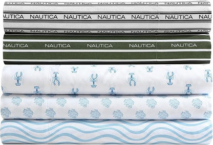 Nautica - Sheet Set, Breathable & Cooling Microfiber Bedding with Matching Pillowcases, Deep Pocket, Fully Elasticized (Nantucket Lobster Ocean Breeze Blue, Full)