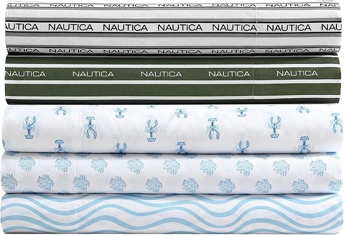 Nautica - Sheet Set, Breathable & Cooling Microfiber Bedding with Matching Pillowcases, Deep Pocket, Fully Elasticized (Coastal Coral Ocean Breeze Blue, Queen)