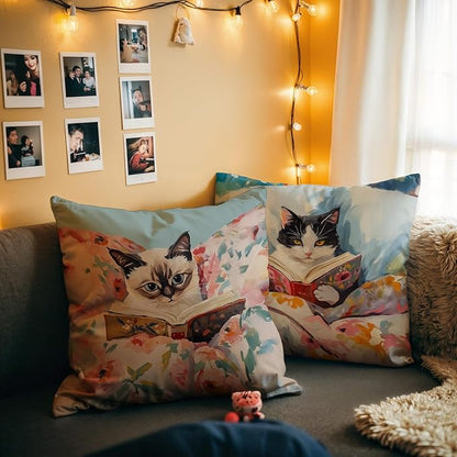 Funny Cat Reader Book Pillow Cover 18 x 18 Set of 2, Reading Nook Corner Decor, Gifts for Book Lovers, Preppy Floral Black White Cats Bookish Pillowcase（02）