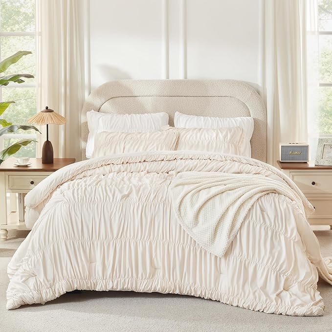 Andency Ruched Beige Oversized Queen Size Comforter Sets, Shabby Chic Pleated Bedding Sets 3 Pieces, Lightweight Soft Boho Ruffle Bed Set for Girls, Kids, Women, All Season