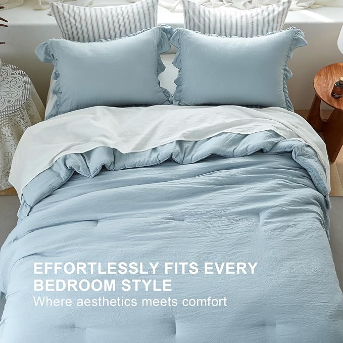 Blue Ruffle Comforter Set Queen, Pre-Washed Shabby Chic Bedding Set, Lightweight Cottagecore Soft Romantic Cozy 1 Comforter & 2 Shams, All-Season