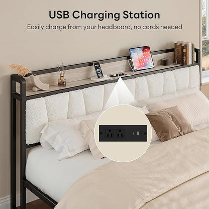 LIKIMIO King Size Bed Frames, Bouclé Storage Headboard with Charging Station, Solid and Stable, Noise Free, No Box Spring Needed, Easy Assembly