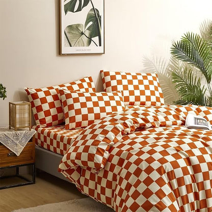 Houseri Burnt Orange Grid Comforter Set King White and Caramel Plaid Bedding Comforter Sets for Women Men Rust Orange Buffalo Checkered Bed Quilt Soft Comfy Chic Cinnamon Gingham Comforters King Size