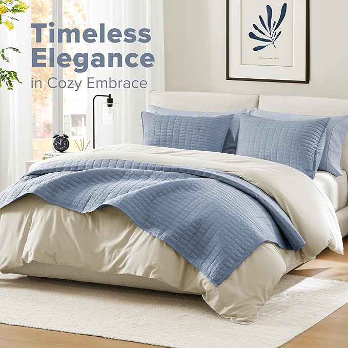 Comfort Spaces Kienna Quilt Set- Double Sided Stitching Design Summer Blanket, Lightweight, Soft, All Season Bedding Layer, Matching Sham, Blue, Coverlet King (104"x90") 3 Piece