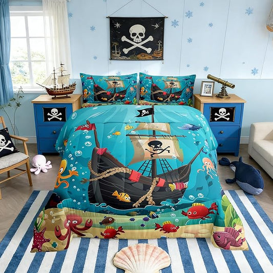 Castle Fairy Cartoon Pirate Ship Comforter Set Queen Size for Kids Marine Adventure Bedding Sets All Season Underwater Fish Quilt Set Bedroom Decor Cute Octopus Jellyfish Down Comforter,3Pcs