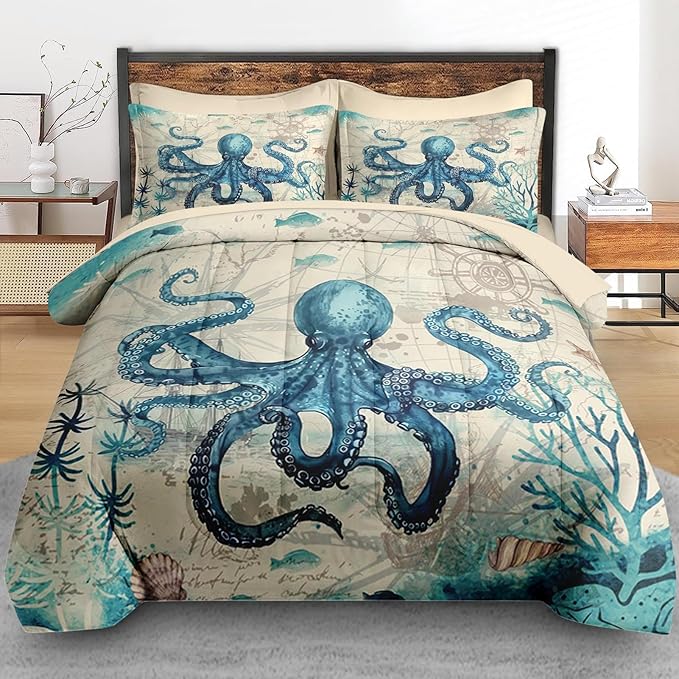 Comforter Set Full Size, Octopus Beach 7 Pcs Bedding for Kids and Adults, Summer Sea Animal Bed Sheet Sets with Fitted Sheet 2 Pillowcase & 2 Sham for Bedroom Bed Decor