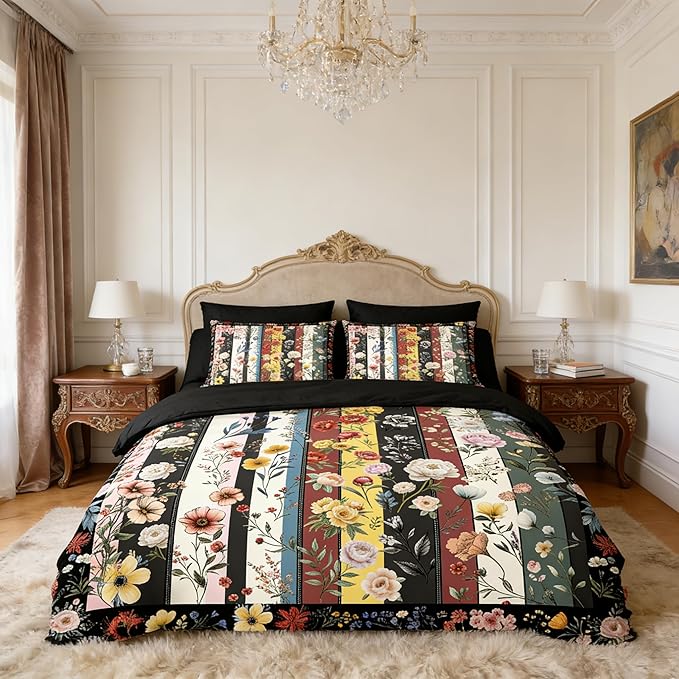 Vintage Black Floral Comforter Set Full for Girls, 3Pcs Stripe Patchwork Bedding Set for Women, Farmhouse Country Botanical Floral Quilted Comforter with 2 Pillowcases, 79"x90"