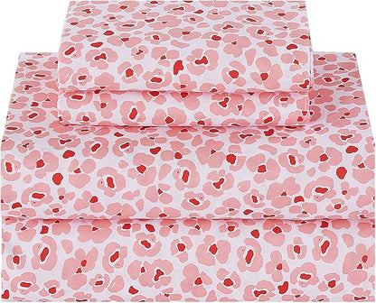 Softan Pink Floral Twin Sheet Set, 3-Piece Cozy Microfiber Leopard Printed Fitted Bed Sheet with 15" Deep Pockets & Non-Slip Straps, Kids Girls Cute Patterned Sheets & Pillowcase Set
