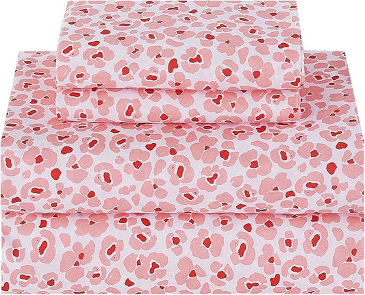 Softan Pink Floral Queen Sheet Set, Cozy Microfiber Leopard Printed Fitted Bed Sheet with 15" Deep Pockets & Corner Non-Slip Straps, Cute Patterned Sheets & Pillowcase Set