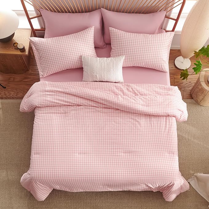 Nayoroom Gingham Comforter Set Full Size Pink Plaid Checkered Dorm Bedding Set Girls 3 Pieces Soft Lightweight Farmhouse Grid Comforter for All Seasons (1 Comforter, 2 Pillowcases)