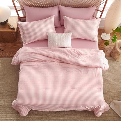 Nayoroom Gingham Comforter Set Full Size Pink Plaid Checkered Dorm Bedding Set Girls 3 Pieces Soft Lightweight Farmhouse Grid Comforter for All Seasons (1 Comforter, 2 Pillowcases)