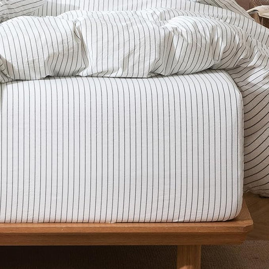 MooMee Stripes Fitted Bottom Sheet Only 100% Washed Cotton Linen Like Textured Breathable Durable Soft Comfy Deep Pocket (White Heathered Green Wide Stripes, Queen)