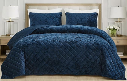 Chezmoi Collection Lux Navy Blue Velvet Quilt King Set, 3-Piece Plush Distressed Velvet Bedding All Season Lightweight Comforter Brushed Microfiber Reverse with Diamond Stitch Quilting