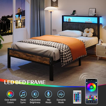 Liians Twin Size Bed Frame with LED Lights, Grey Upholstered Headboard | Platform Bed with 2-Tier Storage Shelf, Charging Station, Noise Free, No Box Spring Needed, Easy Assemably