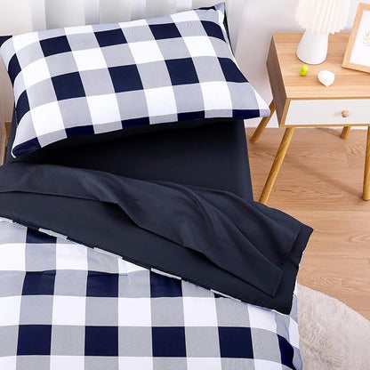 Wake In Cloud - Gingham Toddler Bedding Set for Girls Boys, Cute Plaid Buffalo Check, 4 Pieces Soft Crib Bed Set Including Comforter, Sheets and Pillowcase, Navy Blue