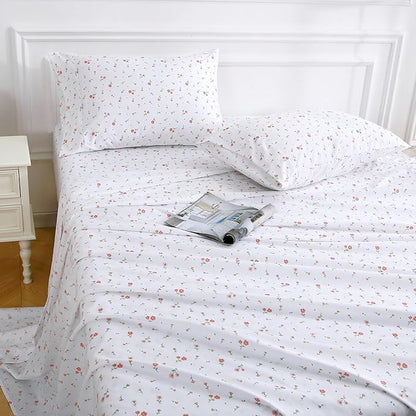 Softan Pink Floral Full Sheet Set Flower Printed Bed Sheets Double - 4 Piece Microfiber Patterned Fitted Bed Sheets with 15" Deep Pocket & Straps, Cozy Cute Pink Sheets and Pillowcase Set