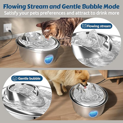 ORSDA Stainless Steel Cat Water Fountain, Automatic Pet Water Fountain, 100oz/3L Drinking Fountain Dog Water Dispenser with Water Level Window- 3 Filters +1 Pump Sponges(D66)