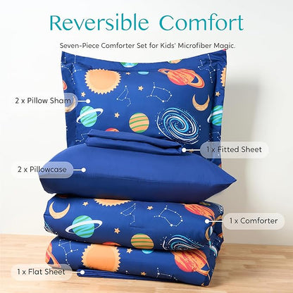 Joiedomi Kid Full Comforter Set 7 Piece Cosmic Space Bedding Set for Boys Girls Super Soft Microfiber Bed in a Bag with Comforter Sheets Pillowcase Sham