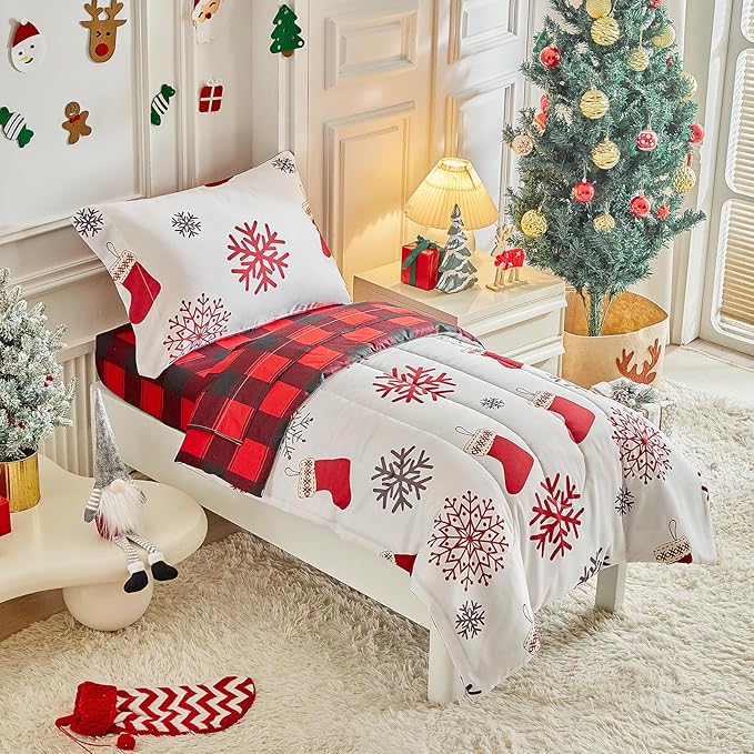 Christmas Toddler Bedding Set for Boys Girls Red White Sock Colorful Holiday 4PC Toddler Bed Set - Cute Toddler White Bed in a Bag with Gray Red Snowflake
