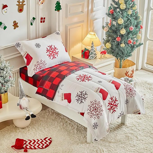 Christmas Toddler Bedding Set for Boys Girls Red White Sock Colorful Holiday 4PC Toddler Bed Set - Cute Toddler White Bed in a Bag with Gray Red Snowflake