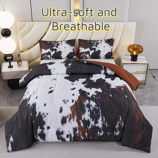 PERFEMET Queen Comforter Set 3 Pieces Cow Print Bedding Set Western Farmhouse Rustic Bed Comforter Set Black White Brown Cowhide Quilt Set
