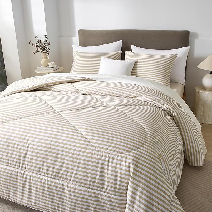 mixinni Tan Striped Comforter Set Twin XL Size - Beige Stripes Pattern Bed Set for All Season, 3 Pieces Lightweight Bedding Comforter Sets for All Seasons (1 Soft Fluffy Comforter + 2 Pillowcases)