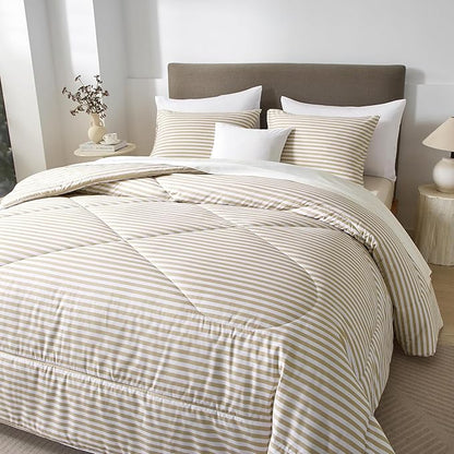mixinni Tan Striped Comforter Set King Size - Beige Stripes Pattern Bed Set for All Season, 3 Pieces Lightweight Bedding Comforter Sets for All Seasons (1 Soft Fluffy Comforter + 2 Pillowcases)
