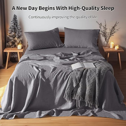 LBRO2M 100% Pure Linen Sheet Set Deep Pocket Up to 16" Bed Sheets Sets, Natural Flax Beddings Soft, Breathable, Comfortable for All Seasons Twin Size, Dark Grey