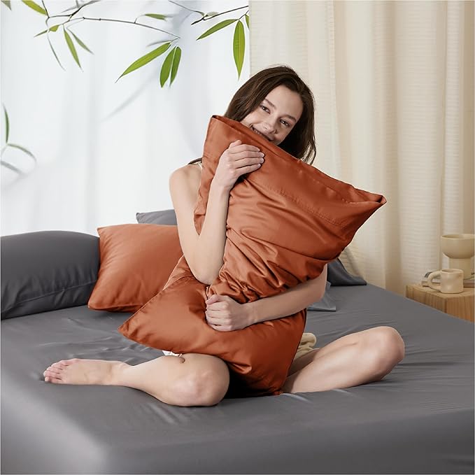 Bedsure Pillow Cases Standard Size, Cooling Pillow Cases, Rayon Derived from Bamboo Burnt Orange Pillowcases Standard Set of 2, PureWoven Silky Soft Pillow Covers with Envelope Closure, 20x26 Inches