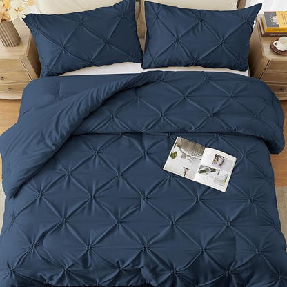 UNIKOME King Size Comforter Set Navy/Royal Blue - Ultra Soft Pintuck Down Alternative Bedding Set for All Seasons, 3 Pieces Lightweight Warm Pinch Pleat Bed Set with Comforter, 2 Pillowcases