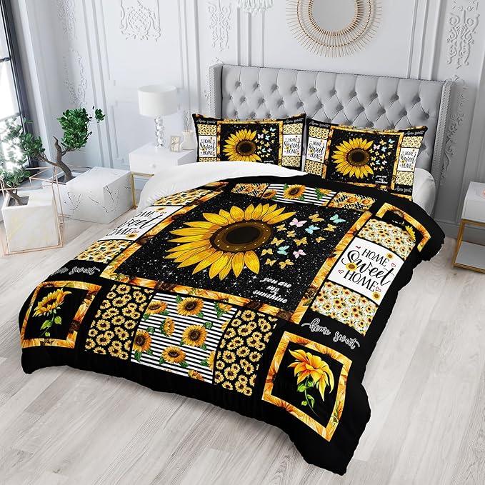 Sunflower Queen Bedding Set, Yellow Comforter for Girls and Teen Boys, Western Boho Quilt